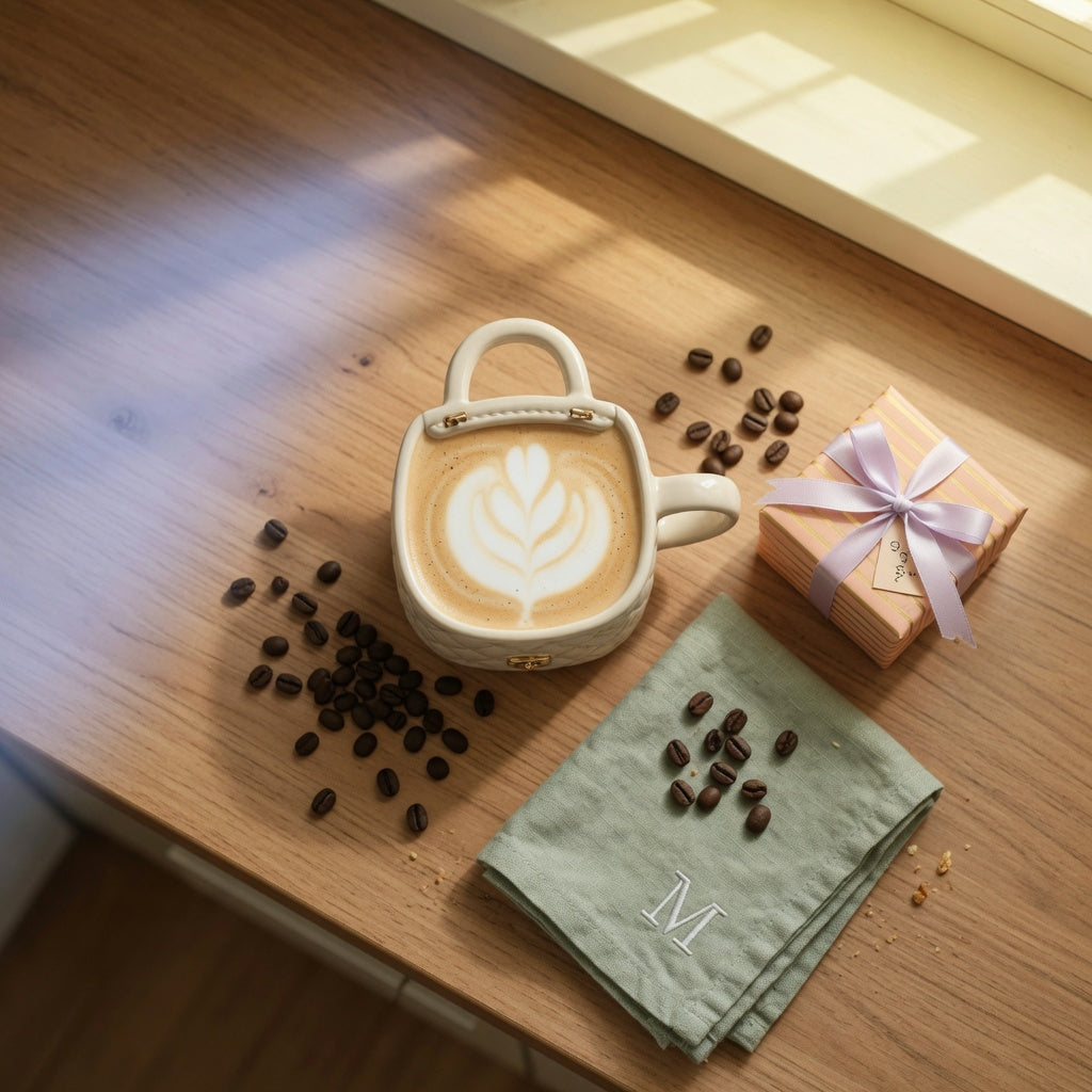 Handbag-shaped coffee and tea mug beside a wrapped gift on a kitchen counter — unique mug gifts for coffee lovers