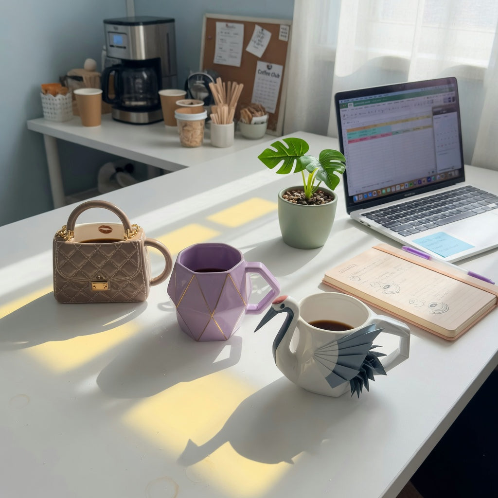 Unique mugs for office gifts on a desk: a handbag-shaped mug, a faceted rhombus mug, and a crane-shaped mug beside a laptop and notebook.