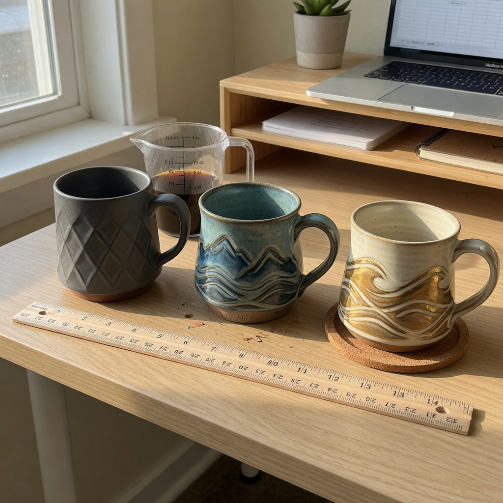 Unique pottery coffee mugs buying priorities shown with three mugs beside a measuring cup, ruler, and compact desk setup