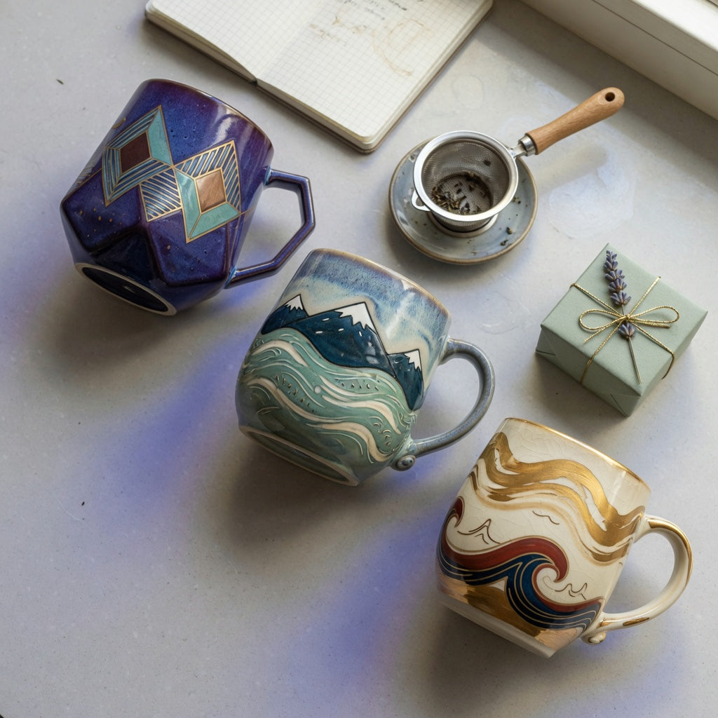 Unique pottery coffee mugs first time buyer product shortlist guide with Rhombus, Mountain Sea, and Golden Waves Kio mugs on a kitchen counter