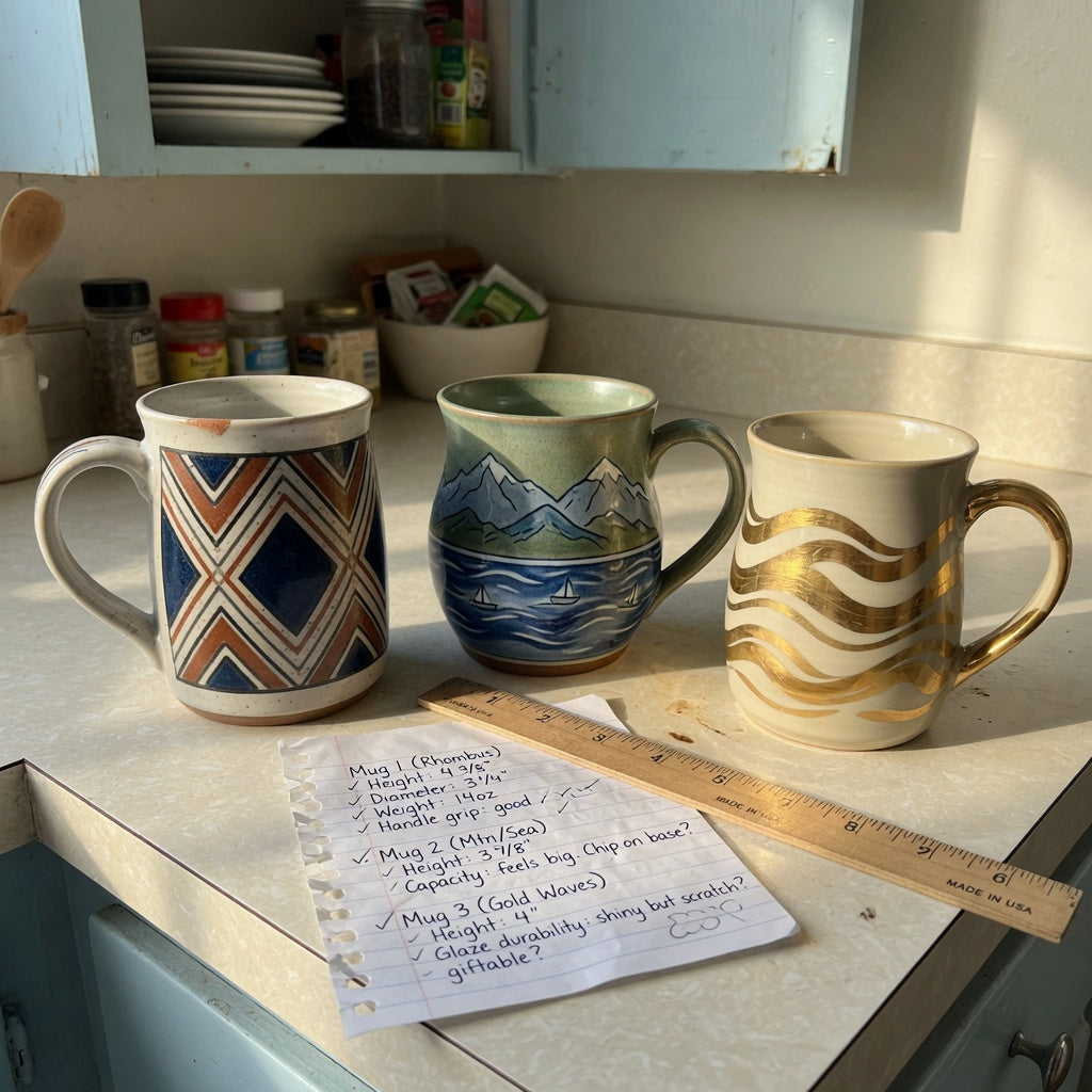 Unique pottery coffee mugs gift choice practical purchase checklist with three mug designs and a measurement list on a kitchen counter