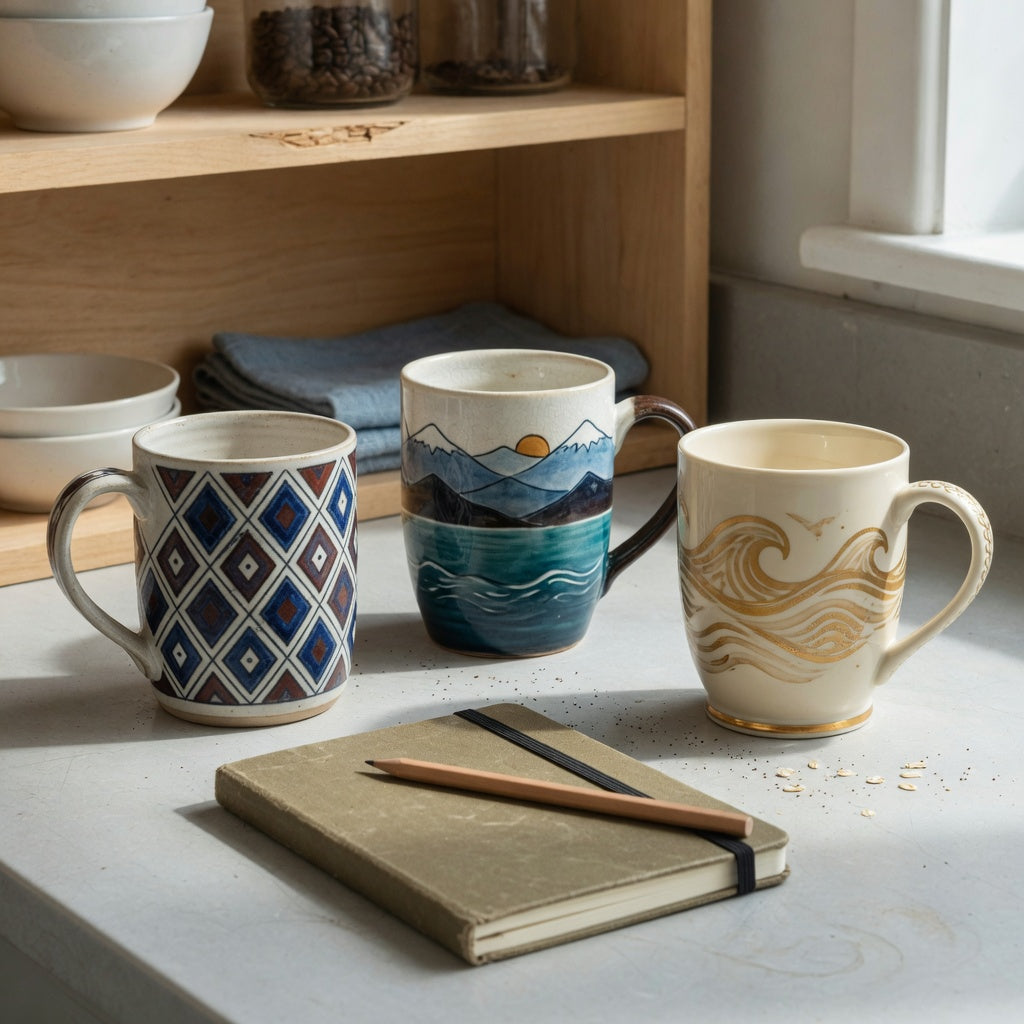 Three designs compared in a unique pottery coffee mugs gift choice product shortlist guide