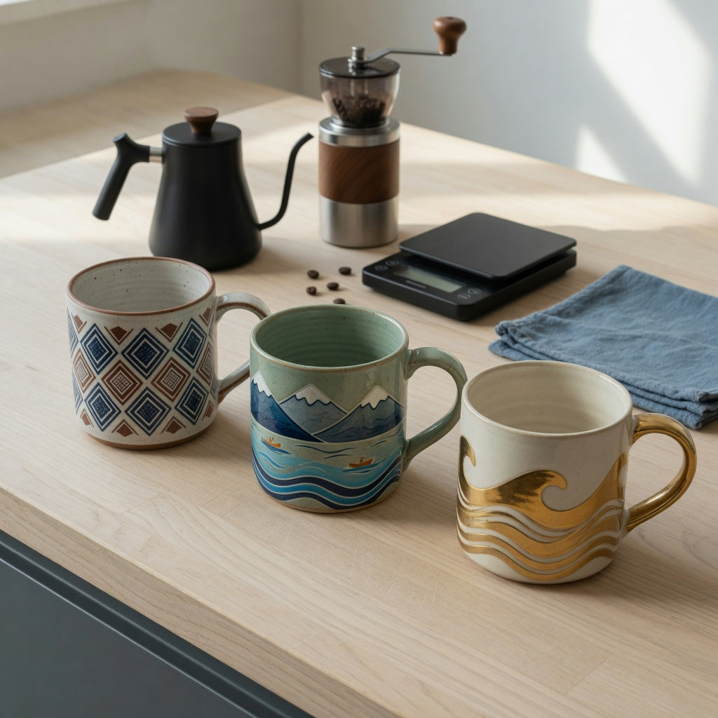 Unique pottery coffee mugs home coffee station product shortlist guide showing three distinctive mugs beside a kettle, grinder, and scale