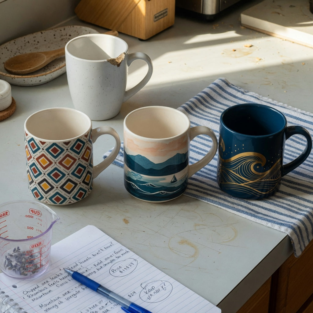 Countertop comparison for a unique pottery coffee mugs replacement purchase product shortlist guide featuring Rhombus, Mountain Sea, and Golden Waves Kio designs
