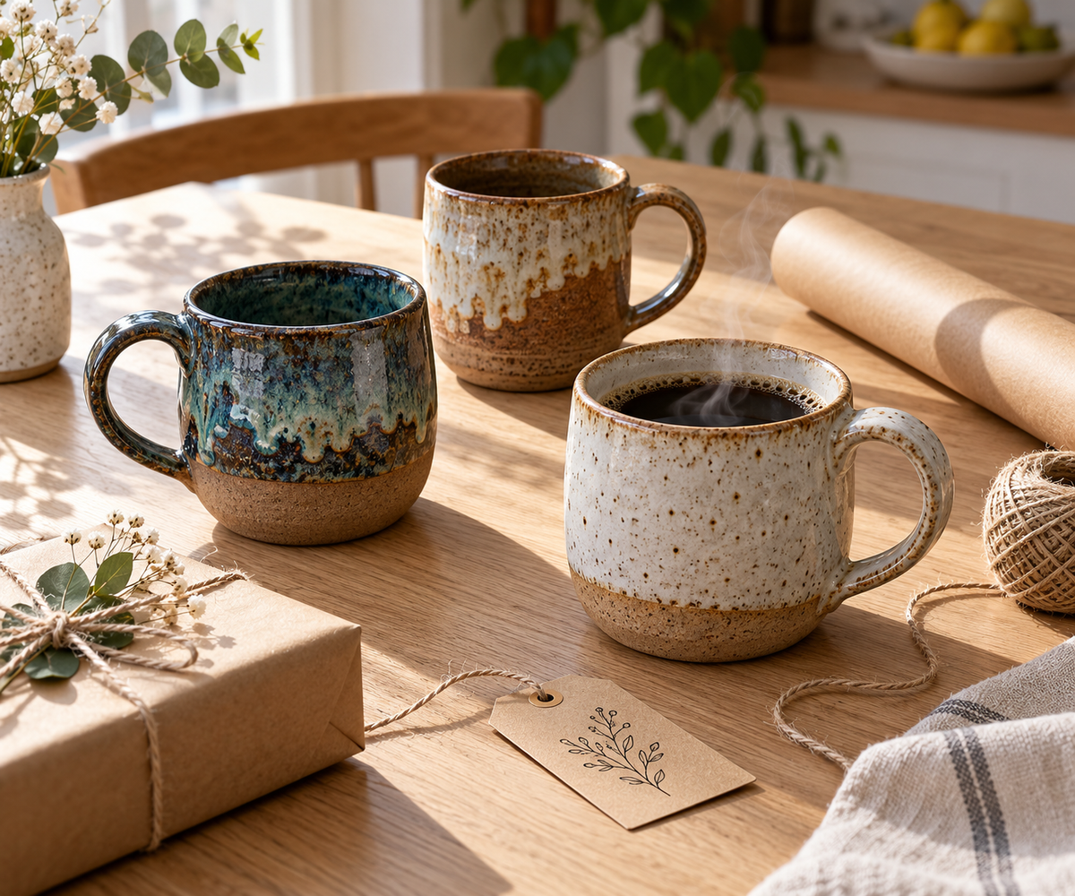 Three unique pottery mugs for gifts with varied glazes arranged beside kraft wrapping paper and twine on a kitchen table