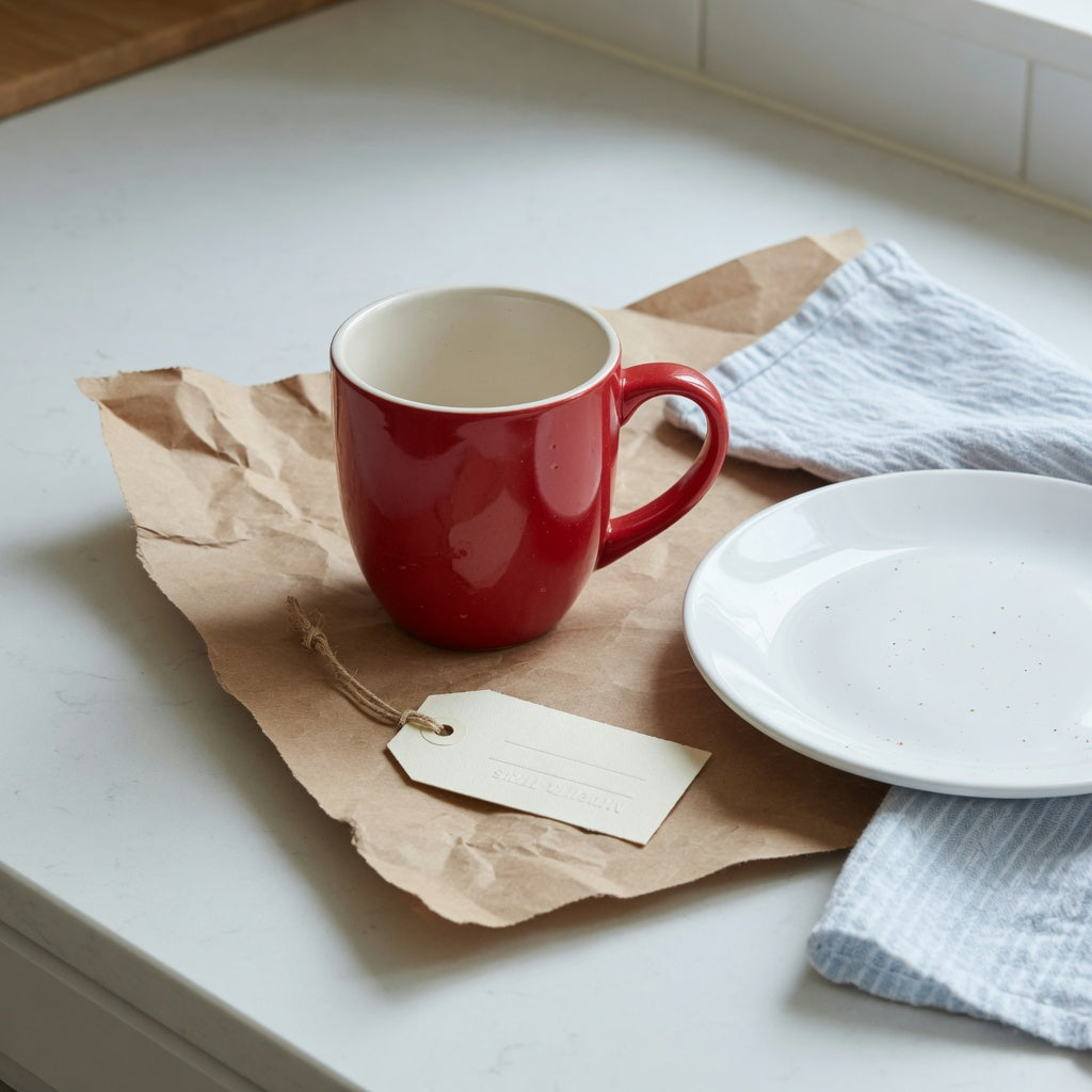 unique red ceramic mug gift on kraft wrapping paper beside a white kitchen plate