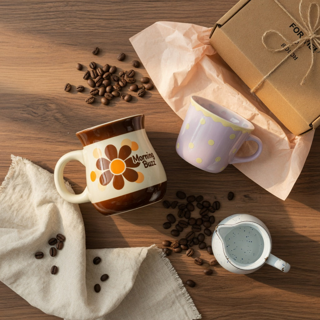 A unique retro mugs gift for coffee lovers: a curved 70s-style ceramic mug beside a kraft gift box and scattered coffee beans on a kitchen counter