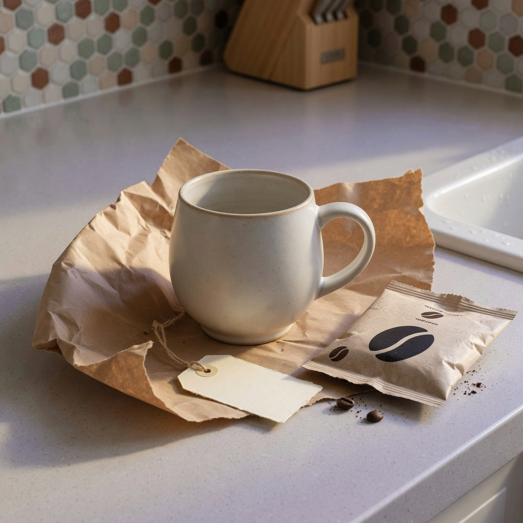 Unique round coffee mug present with gift wrap on a kitchen counter
