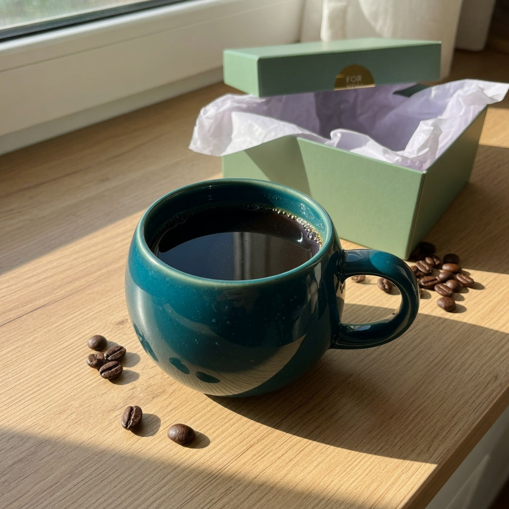 Round ceramic sphere mug of coffee on a kitchen counter next to an open gift box — a unique round mug gift for coffee lovers ready for wrapping.
