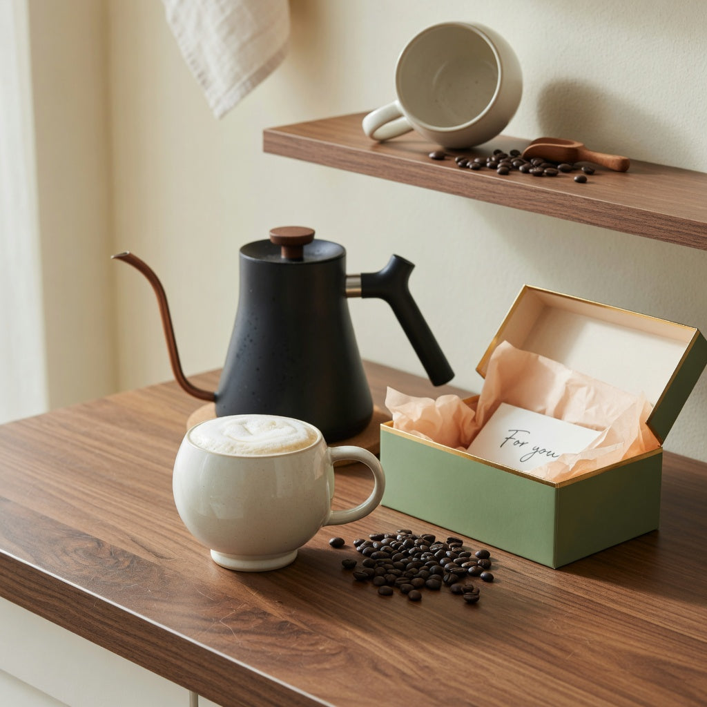 Round ball-shaped ceramic mug of latte on a kitchen counter — one of the unique round mugs for coffee lovers compared in this buyer's guide