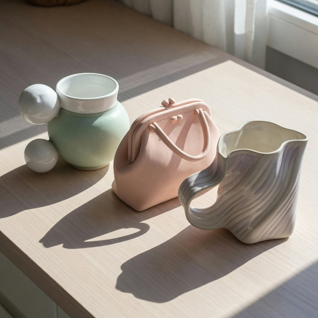 Three unique sculptural mug gift options compared side by side: a ball-handled mug, a purse-shaped mug, and a flowing curved mug on a wooden counter.