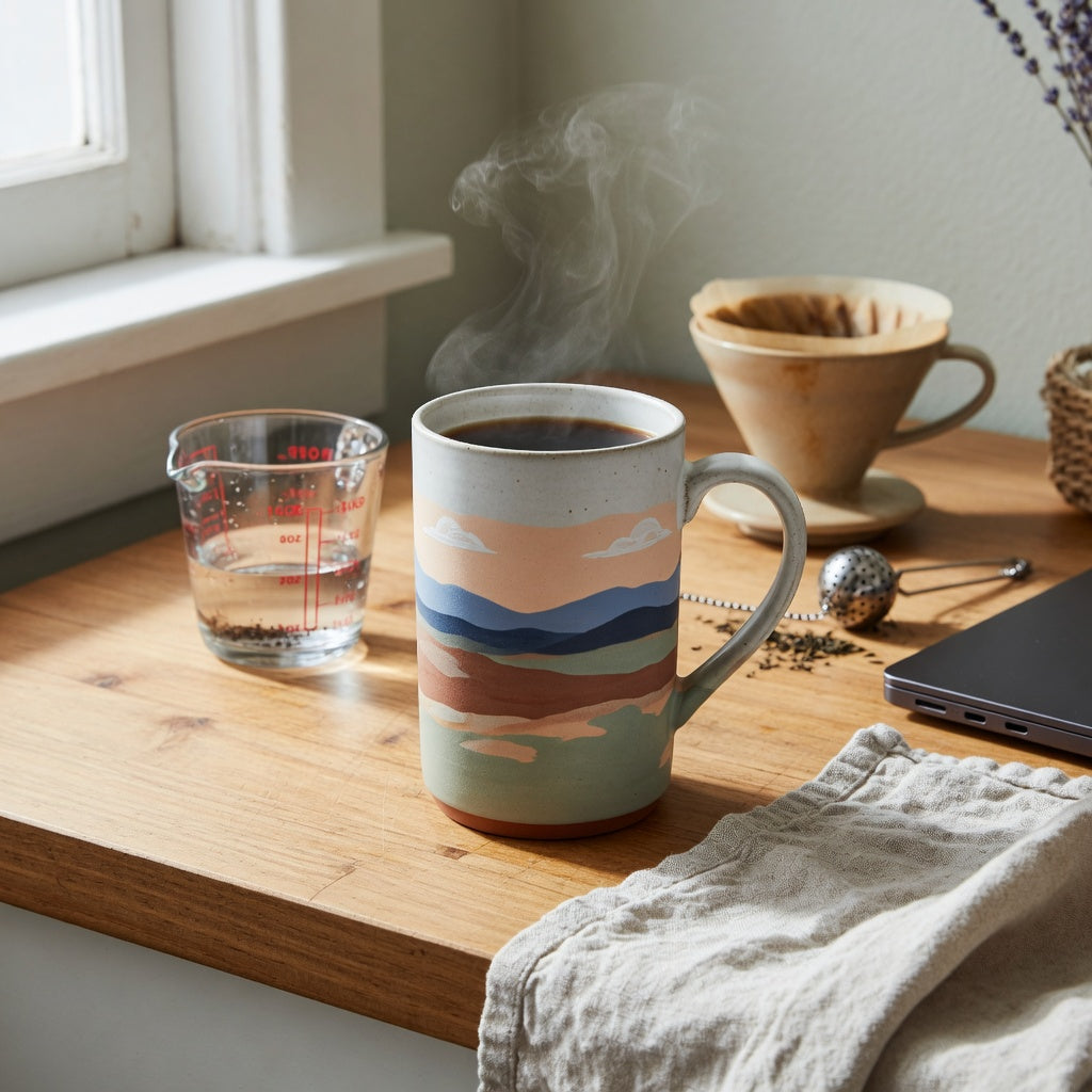 Unique tall mugs for coffee lovers beside coffee and tea brewing tools on a sunlit kitchen counter