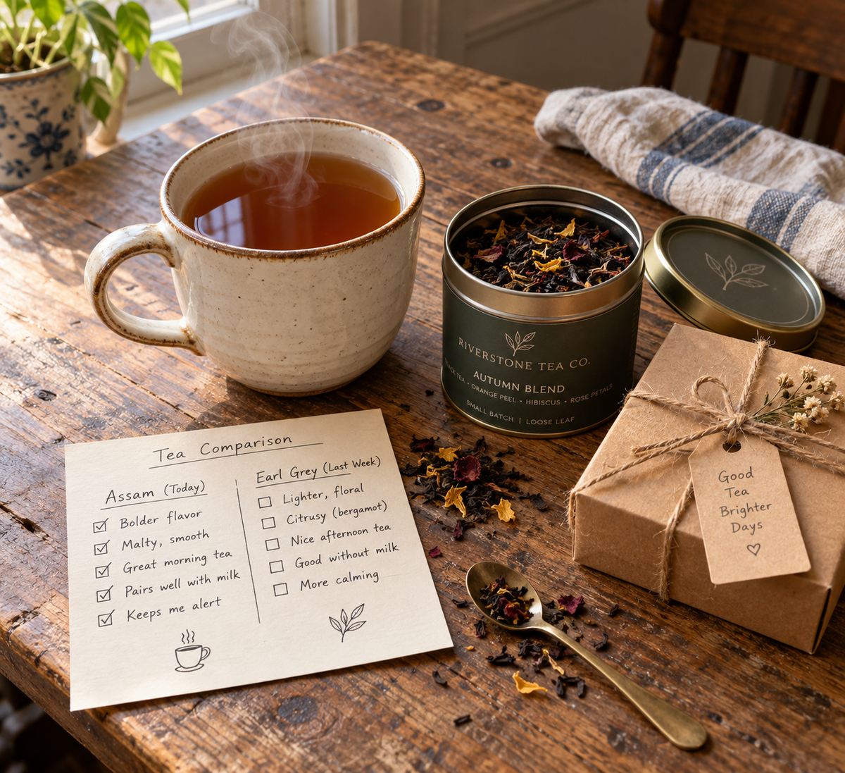 Large ceramic tea mug beside loose-leaf tea and a kraft gift box — unique tea mug gift ideas for everyday tea drinkers
