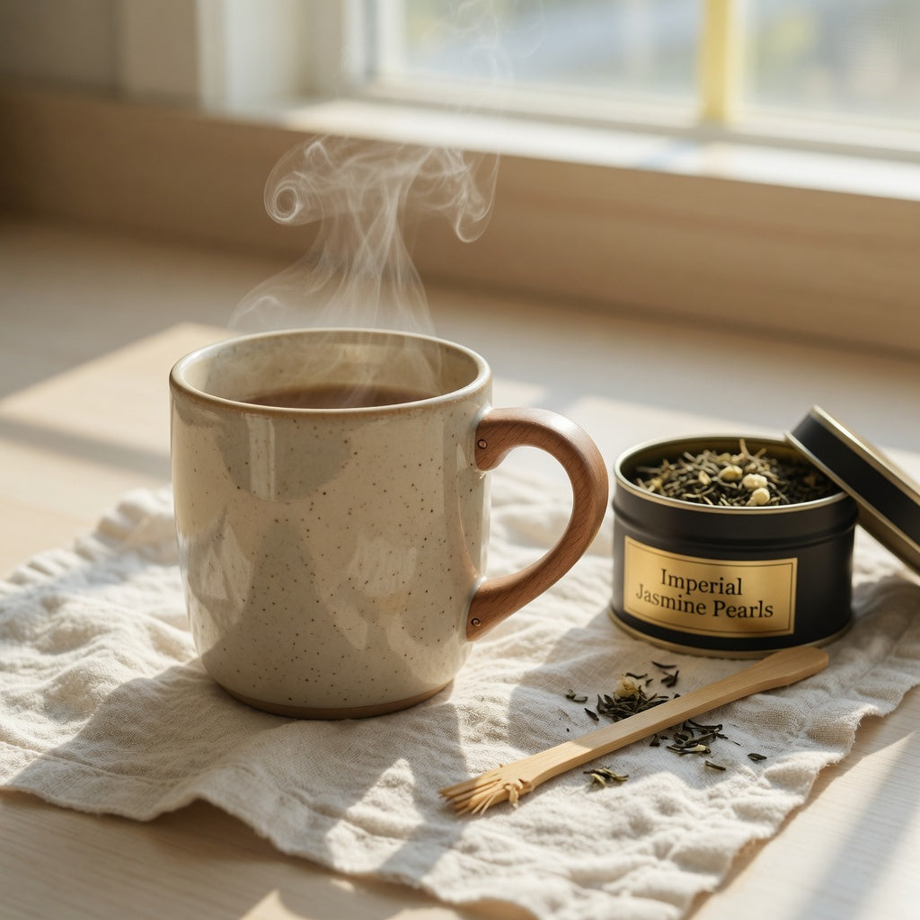 Unique tea mug with wooden handle gift on a kitchen counter beside a tin of loose-leaf tea and a linen cloth