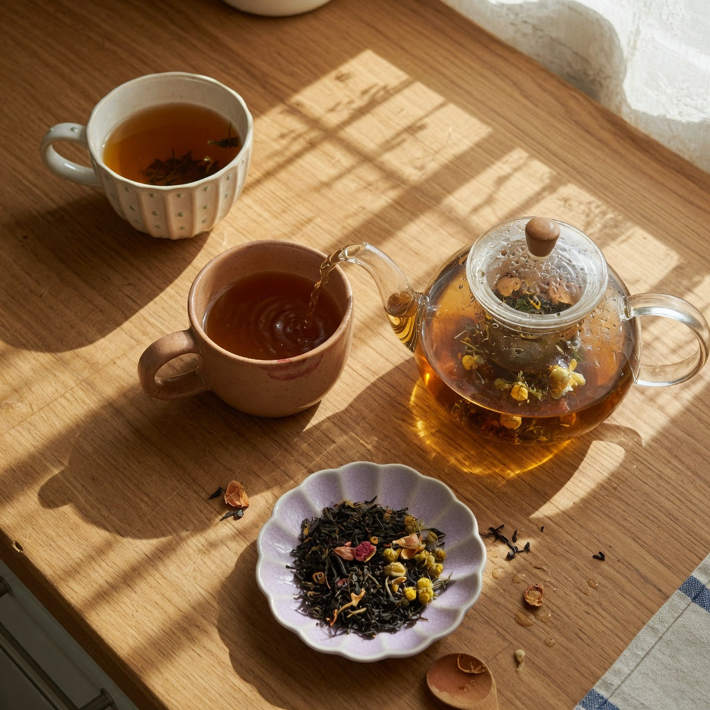 Two unique tea mugs β a ball-handled ceramic mug and a pleated tea cup β on a wooden counter beside a glass teapot of steeping tea.