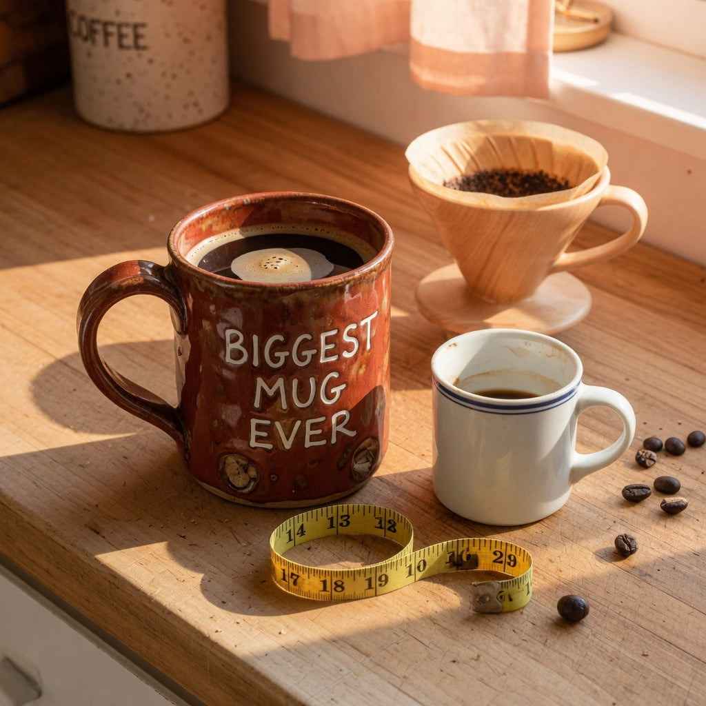 A very large coffee mug beside a standard mug and a measuring tape on a wooden kitchen counter