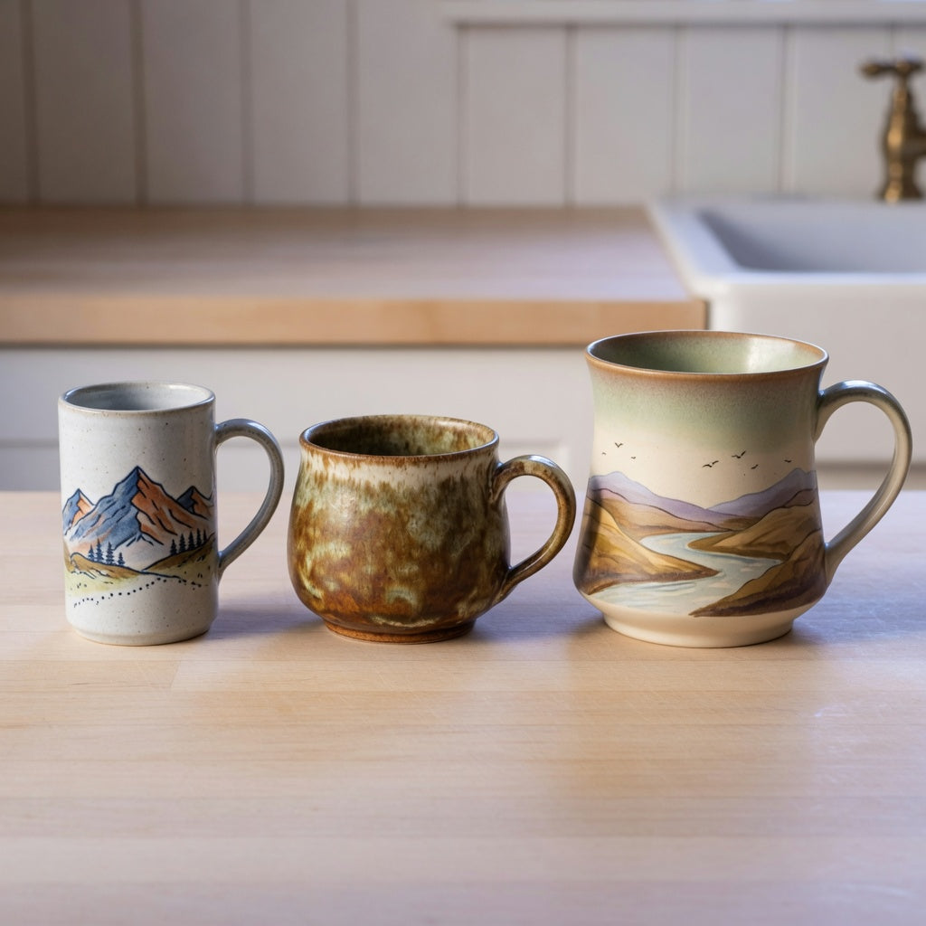 Three ceramic mugs arranged for a vintage pottery coffee mugs current product facts comparison of 200 ml, 270 ml, and 350 ml shapes