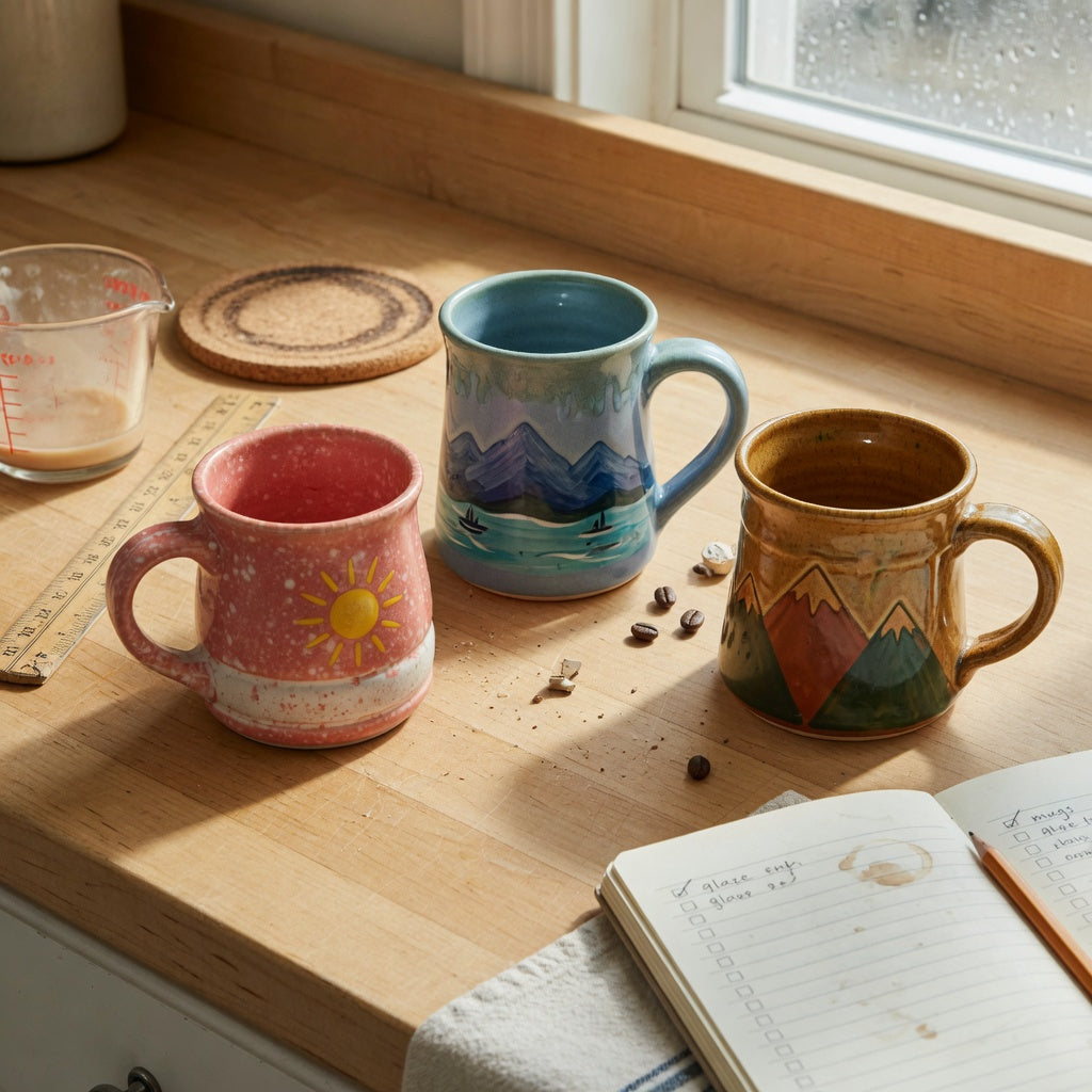 Vintage pottery coffee mugs first time buyer product shortlist guide showing three retro and mountain-themed mugs on a kitchen counter