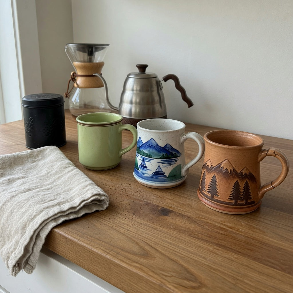 Vintage pottery coffee mugs home coffee station product shortlist guide showing three styles on a measured kitchen counter