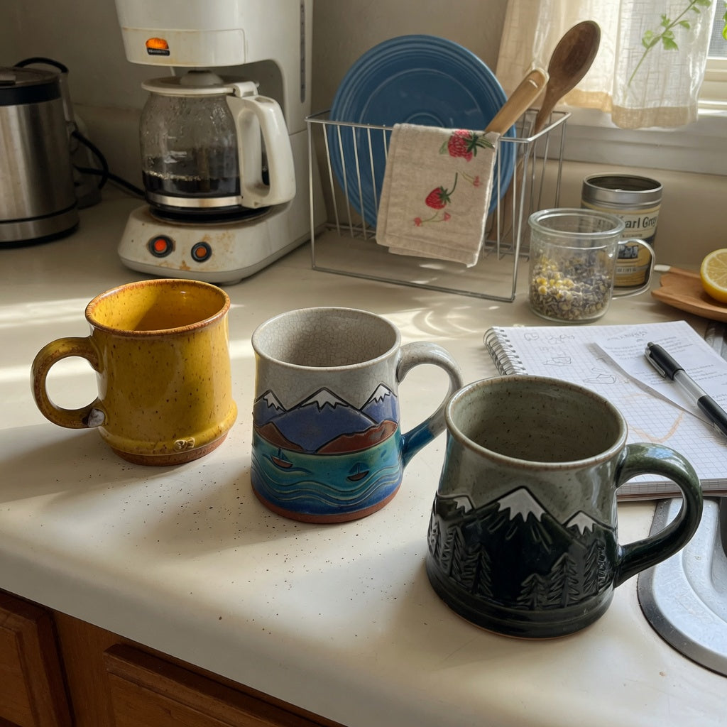 Three individual choices from the vintage pottery coffee mugs shared household product shortlist guide on a shared kitchen counter