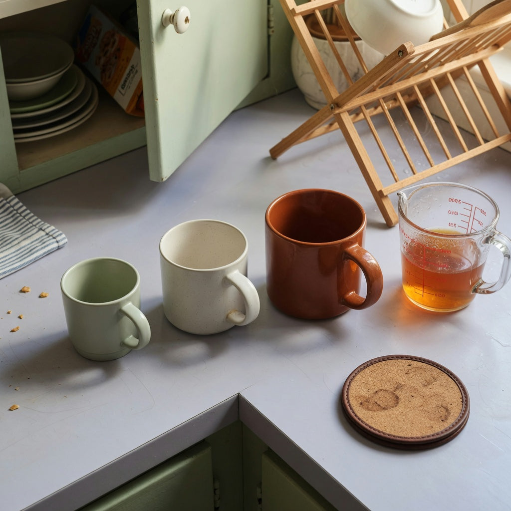 Wassail mug everyday mug rotation practical purchase checklist beside three mug sizes, a measuring jug, and an open kitchen shelf