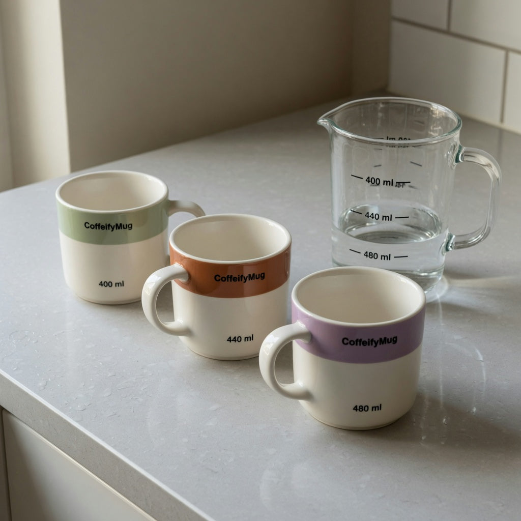 Three handled mugs beside a measuring jug for a wassail mug first time buyer product shortlist guide comparing 400, 440, and 480 ml
