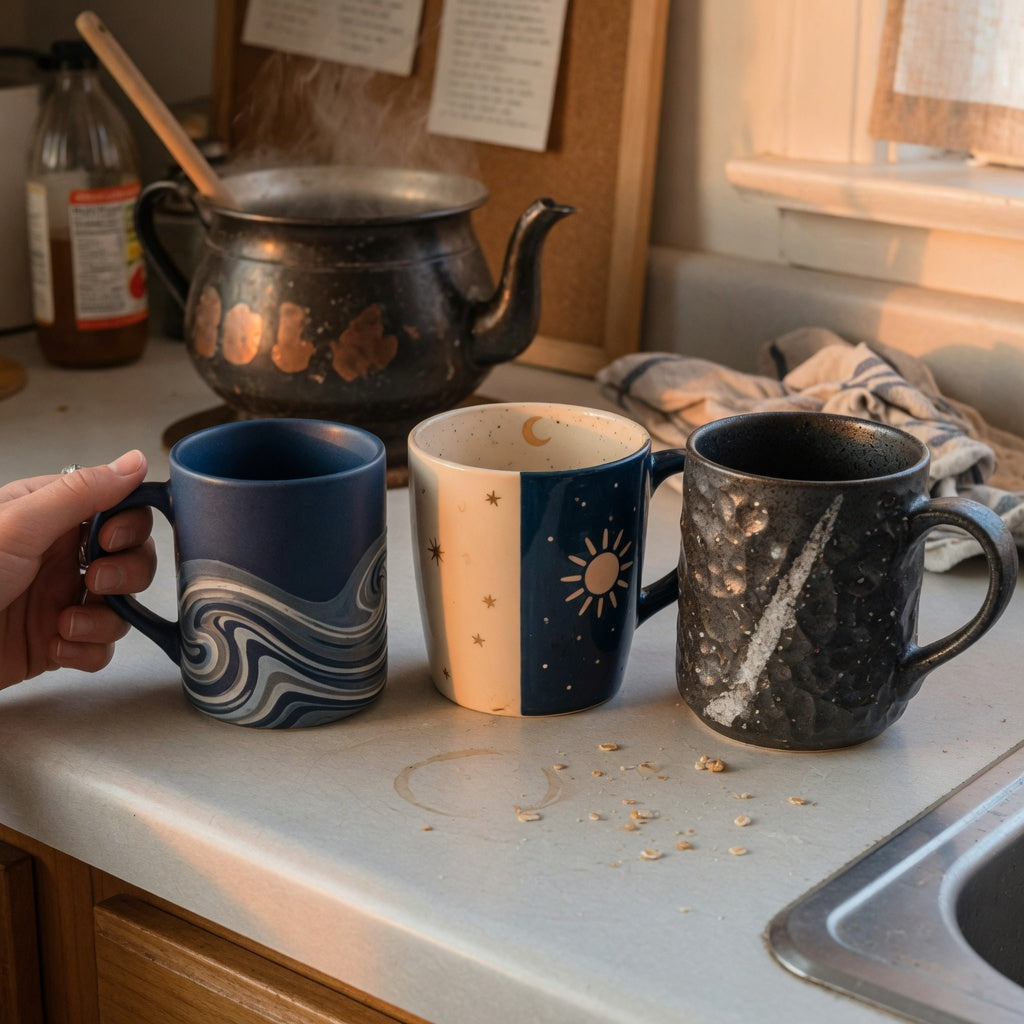 A wassail mug gift choice product shortlist guide scene comparing 400 ml, 440 ml, and 480 ml mugs on a kitchen counter
