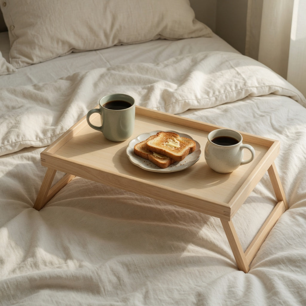 Weekend brunch mug and tray on a bed with two coffee mugs, toast, and a raised-rim wood tray