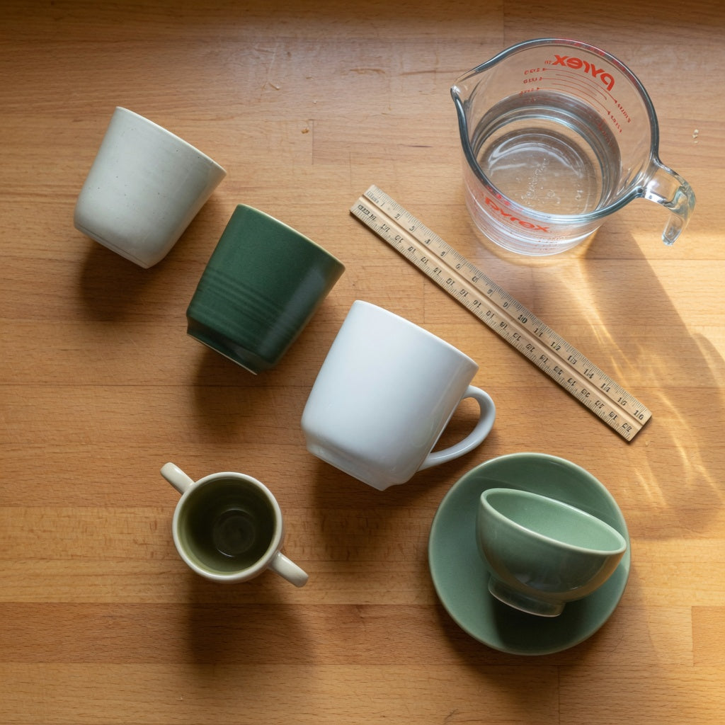 What are small tea cups called? Handled and handleless cup styles shown beside a measuring jug, ruler, and standard mug for scale.