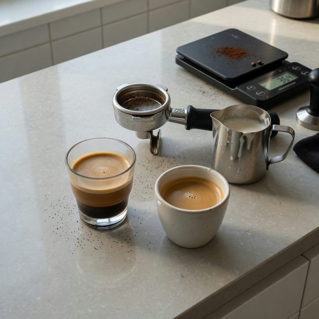 Small glass and compact ceramic cup illustrating what is a cortado cup beside espresso tools