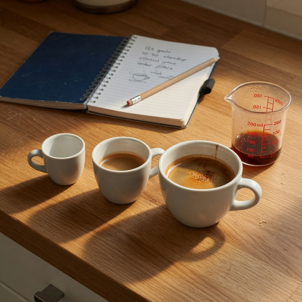 Kitchen-counter comparison showing what is a lungo coffee cup size with 170, 200, and 270 ml cup capacities