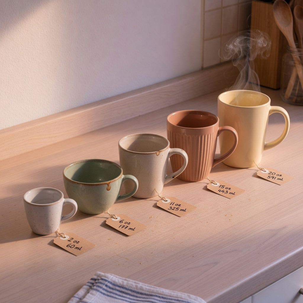 Ceramic coffee mugs lined up smallest to largest showing what size coffee mug is a good gift, labeled in ounces and milliliters