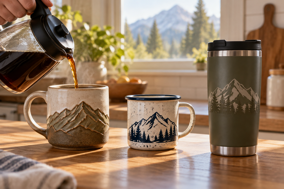 Kitchen counter comparison of what size mountain coffee mug to choose among a ceramic mug, an enamel camp cup, and a travel mug