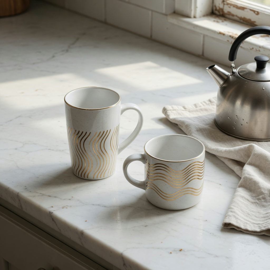 White and gold coffee mug options in two visible forms on a kitchen counter