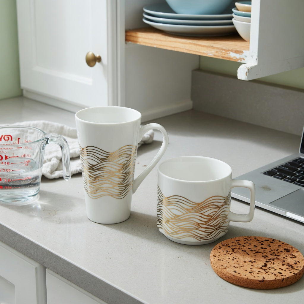 White and gold coffee mug buying priorities shown with tall and compact mugs beside a shelf measurement