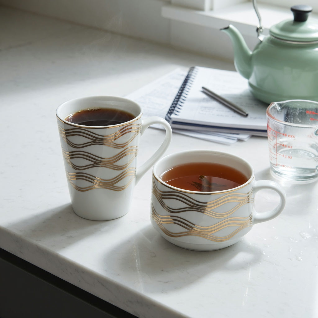 White and gold coffee mug capacity guide comparing the 400 ml Golden Waves Kio and 480 ml White Golden Waves Tall mugs side by side