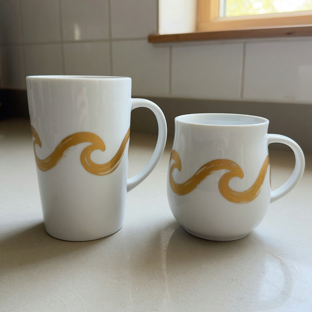 Side-by-side white and gold coffee mug current product facts comparison showing the 480 ml tall form and 400 ml shorter Kio form