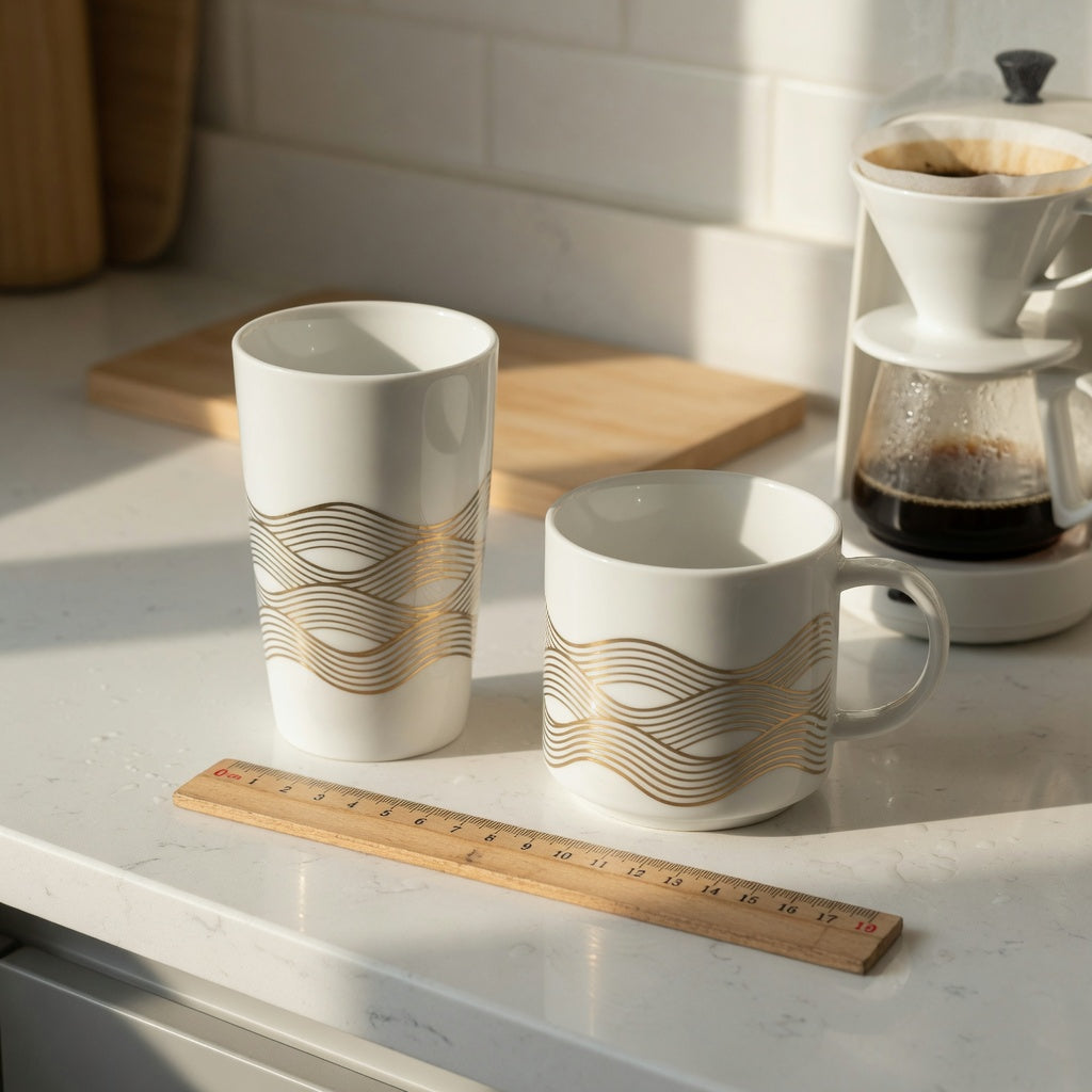 White and gold coffee mug first time buyer practical purchase checklist comparing two wave-style mug forms on a kitchen counter
