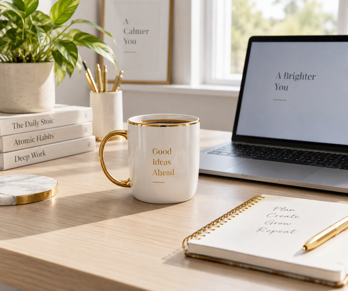 white and gold coffee mug for home office on a clean desk setup