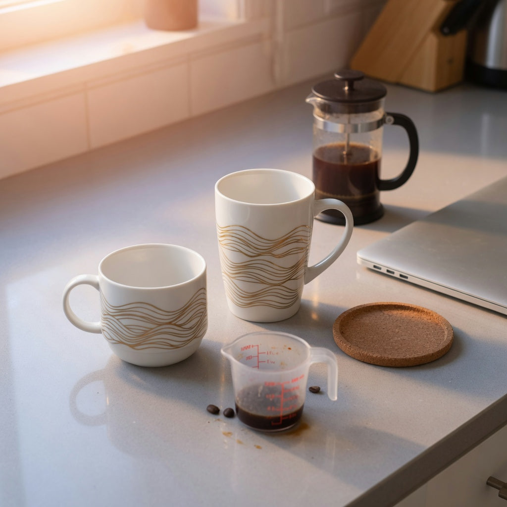 White and gold coffee mug morning routine product shortlist guide with tall and lower-profile wave mugs beside a measured first pour