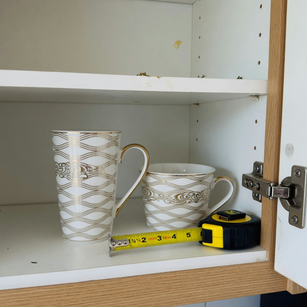 White and gold coffee mug storage fit guide comparing Tall and Kio mug shapes on a measured cabinet shelf