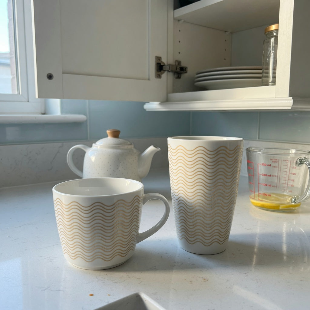 White and gold tea mug options with wave patterns on a kitchen counter