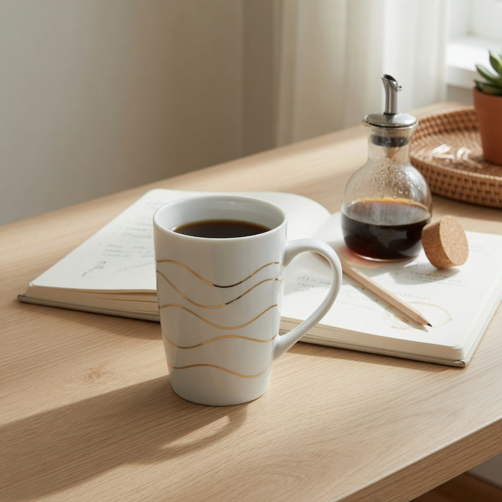White Golden Waves coffee mug on a light wood desk beside a notebook and coffee carafe