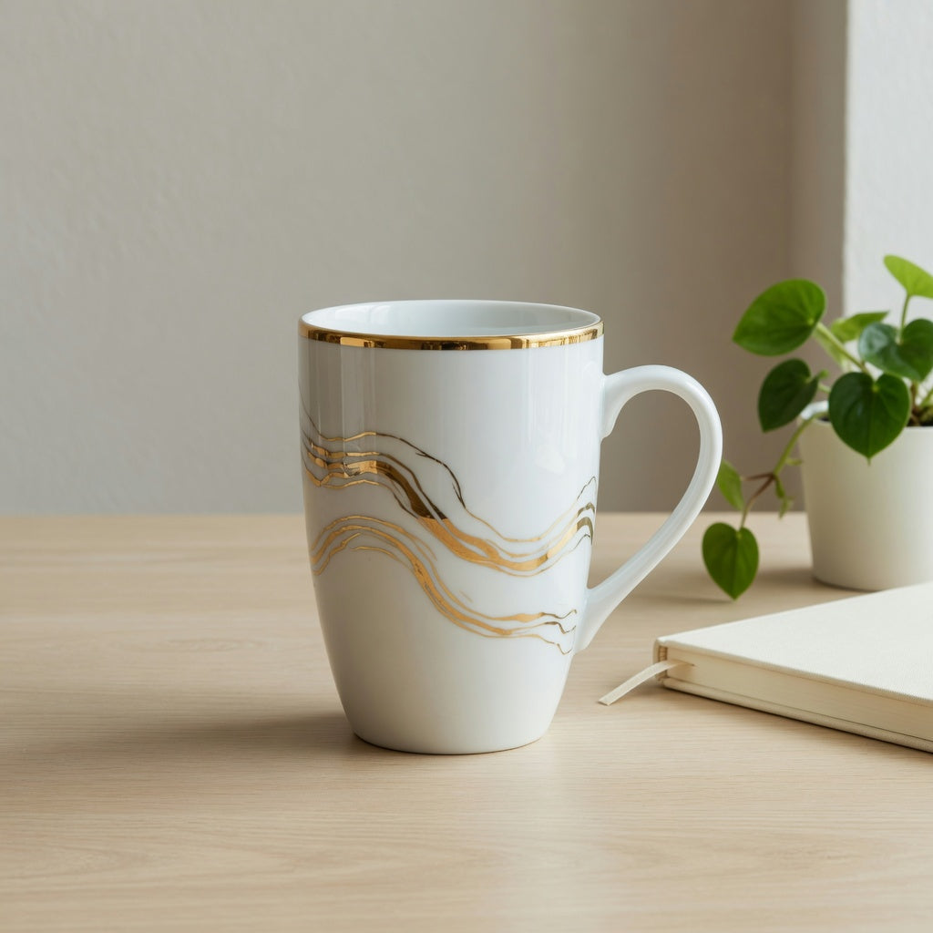 White golden waves tall coffee mug on a pale oak desk beside a notebook