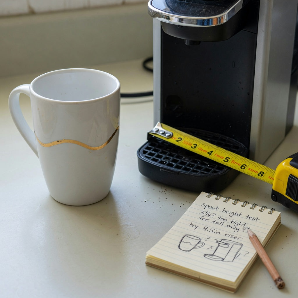 White golden waves tall coffee tea mug buying checklist beside a brewer, tape measure, and notepad