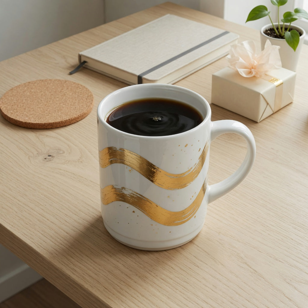 White golden waves tall coffee tea mug gift ideas shown on an office desk with a coaster, notebook, and gift box