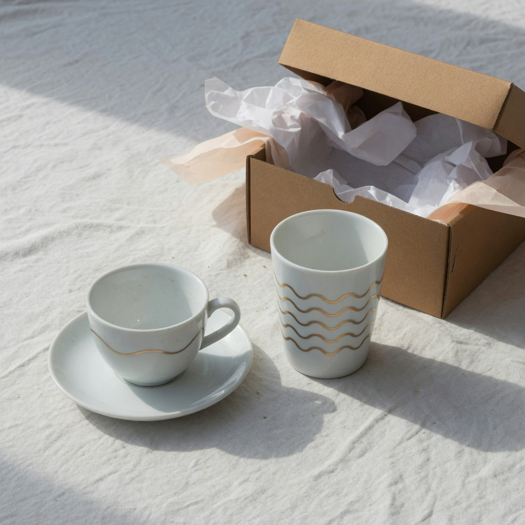 A white golden waves tea cup gift on a linen table beside tissue paper and a kraft box