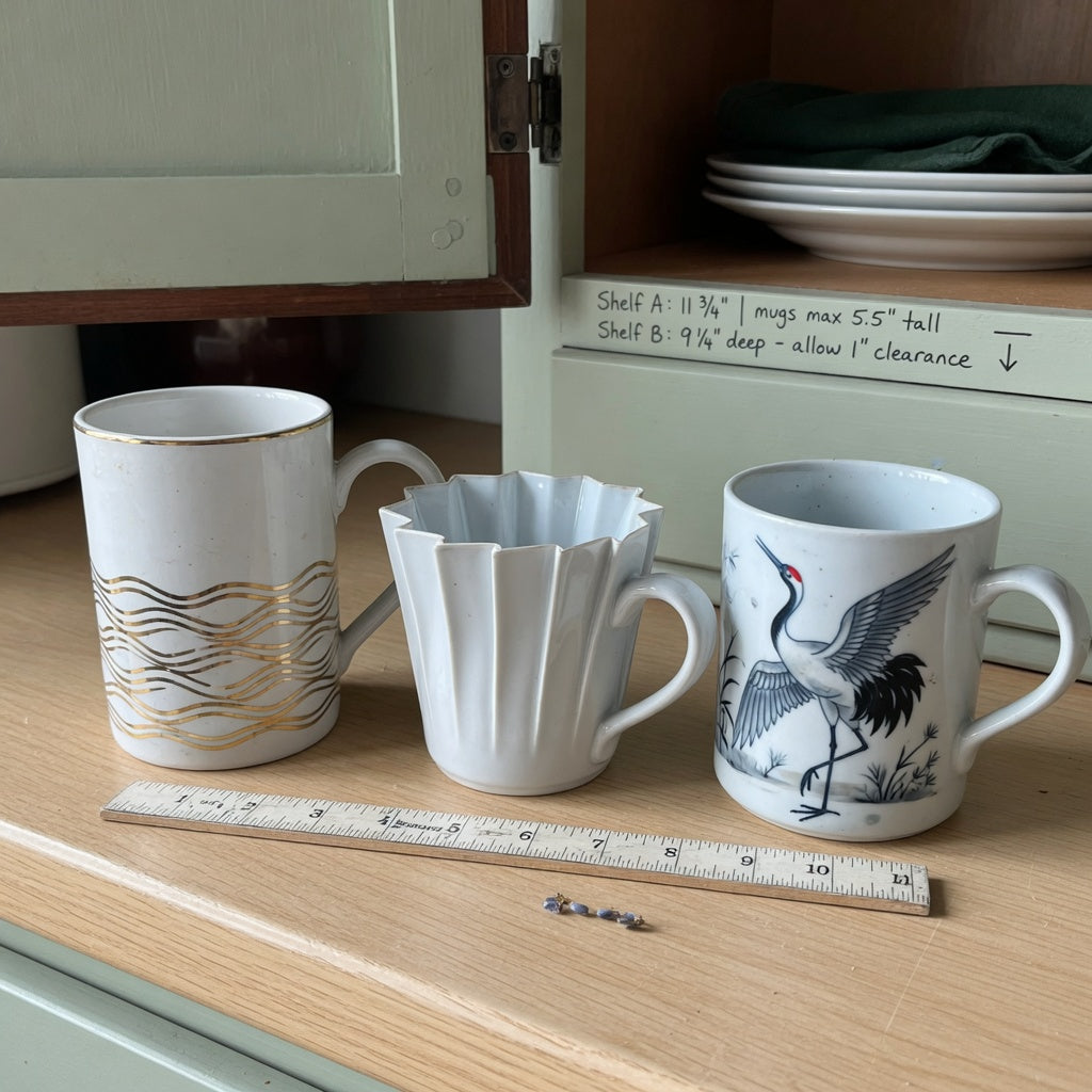 Comparison scene for the white pottery coffee mugs everyday mug rotation product shortlist guide, with tall golden-wave, pleated, and crane-design mugs.
