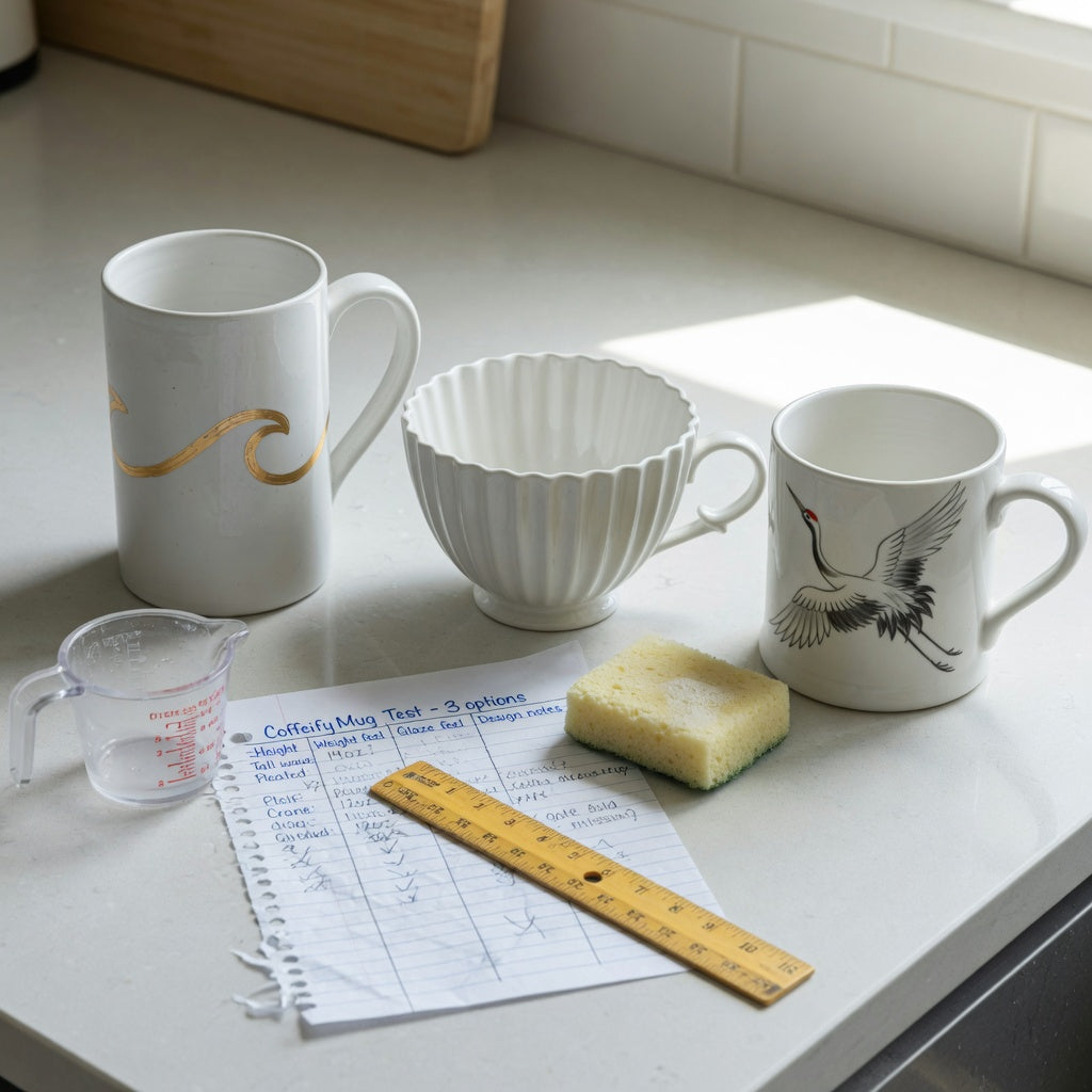 white pottery coffee mugs first time buyer practical purchase checklist beside three mug designs, a measuring cup, and a ruler on a kitchen counter