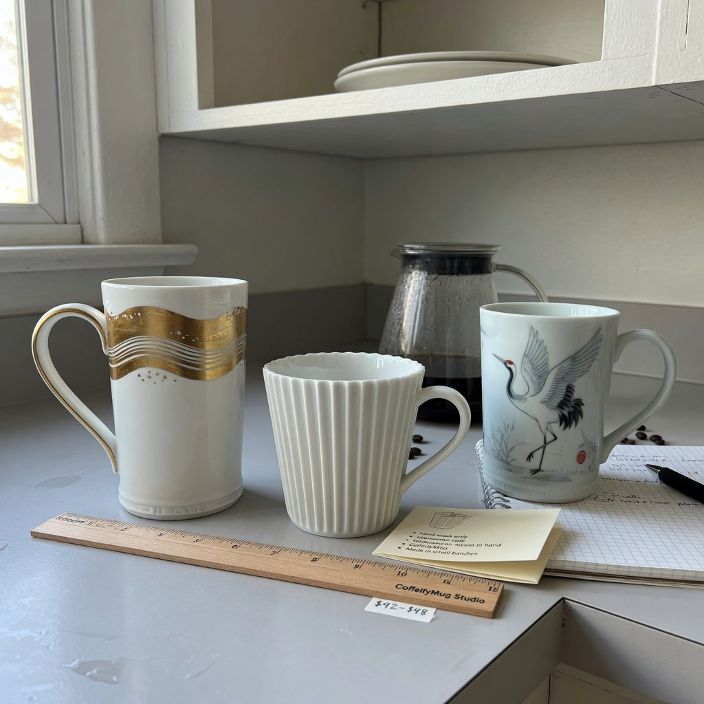 White pottery coffee mugs first time buyer product shortlist guide comparison with tall golden-wave, pleated, and crane-design mugs